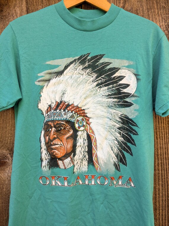 90s Vintage Oklahoma T Shirt / Teal Cotton Poly 50/50 Native