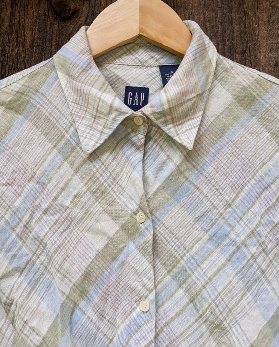 90s Vintage GAP Plaid Linen Blouse / Y2K Green Blue Button up 