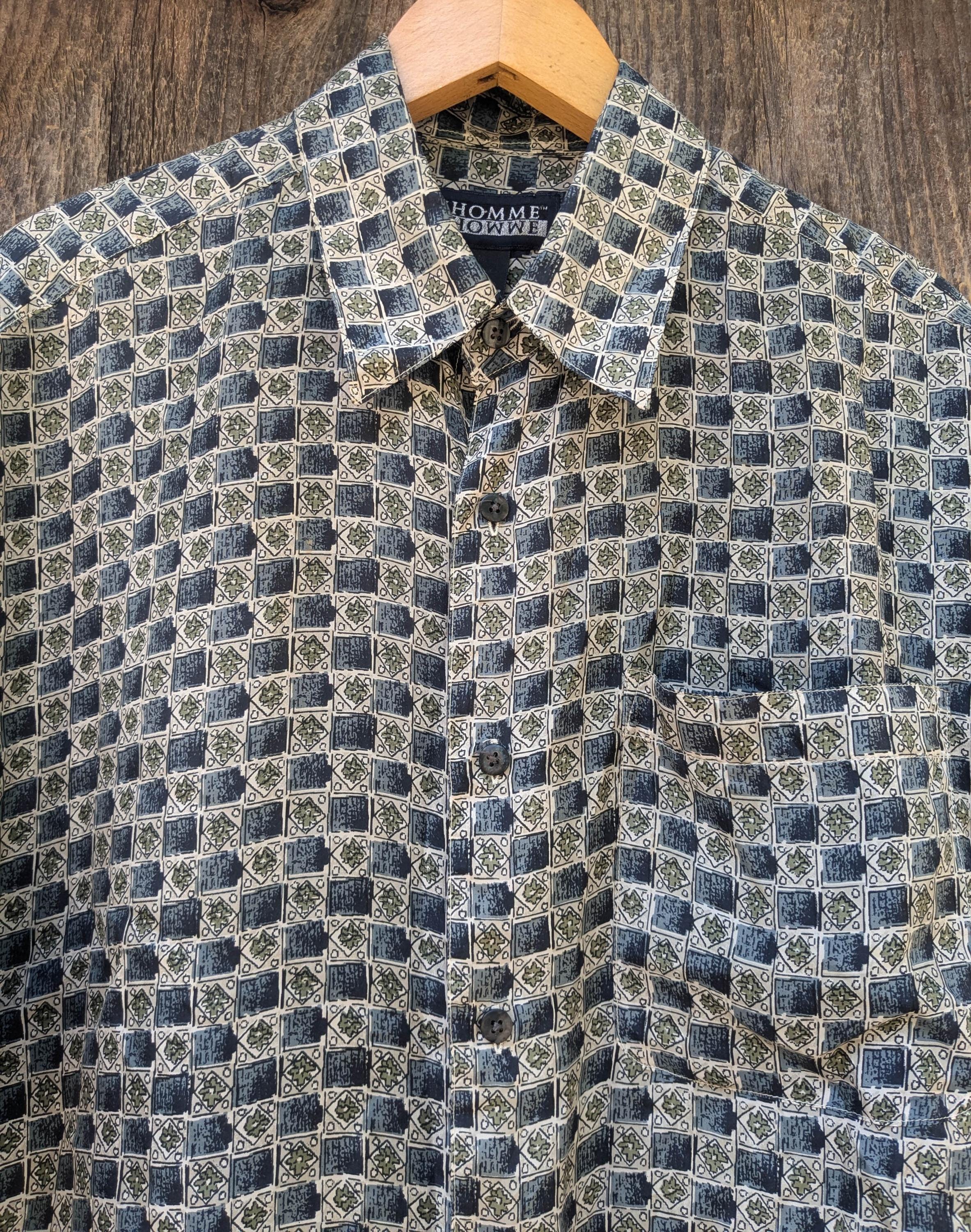 90s Vintage Silk Pattern Button up Shirt / Mens Lhomme M Square Check ...