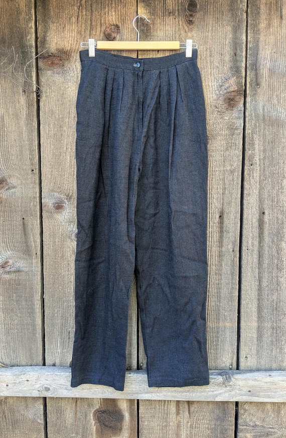 90s Vintage Black Linen Slacks / High Rise Pleated Cotton Rayon