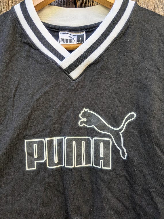 90s Vintage Puma Jersey T-shirt: Black & White V-neck, Made in USA