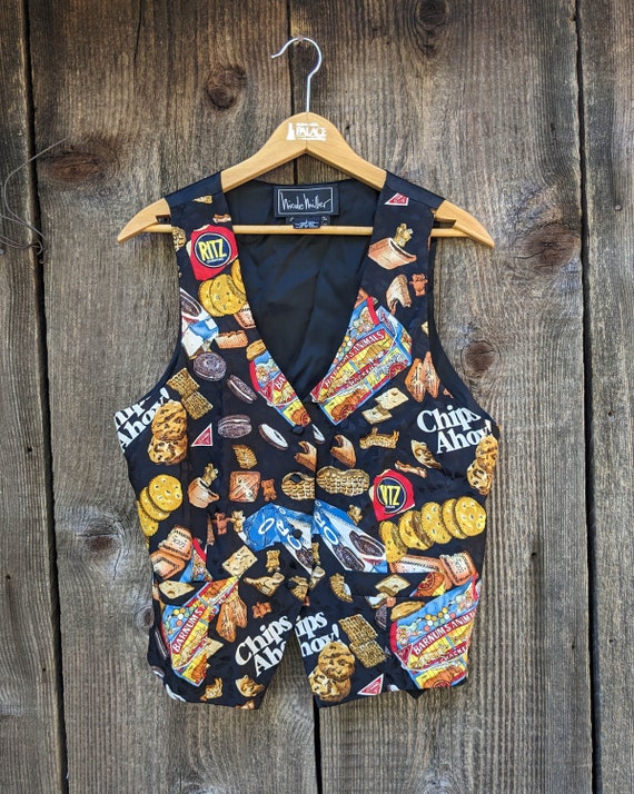90s Vintage Nicole Miller Silk Vest / Junk Food Snacks Pop Culture
