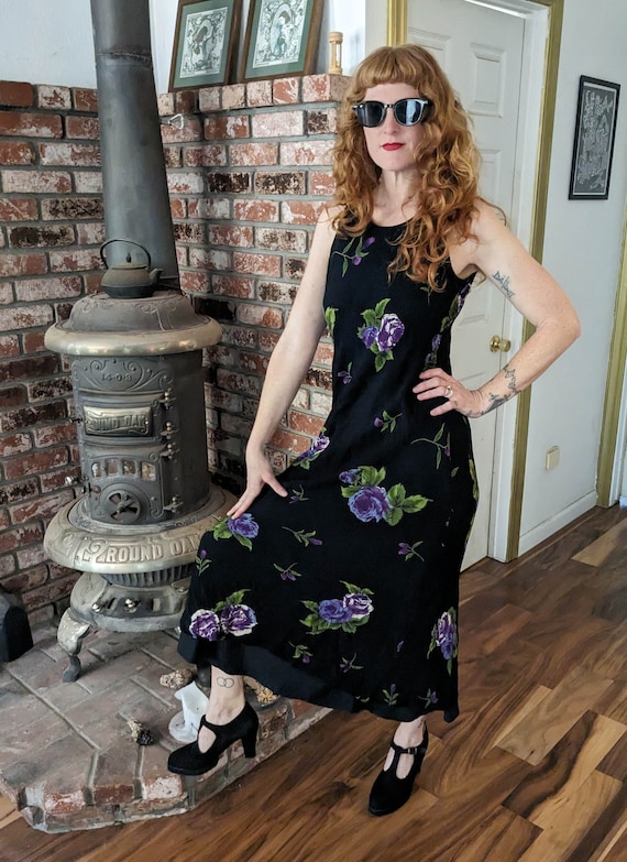 90s Vintage Y2K Black Rayon Dress / Bias Cut Floral Purple 90s Vintage Y2K Black Rayon Dress / Bias Cut Floral Purple