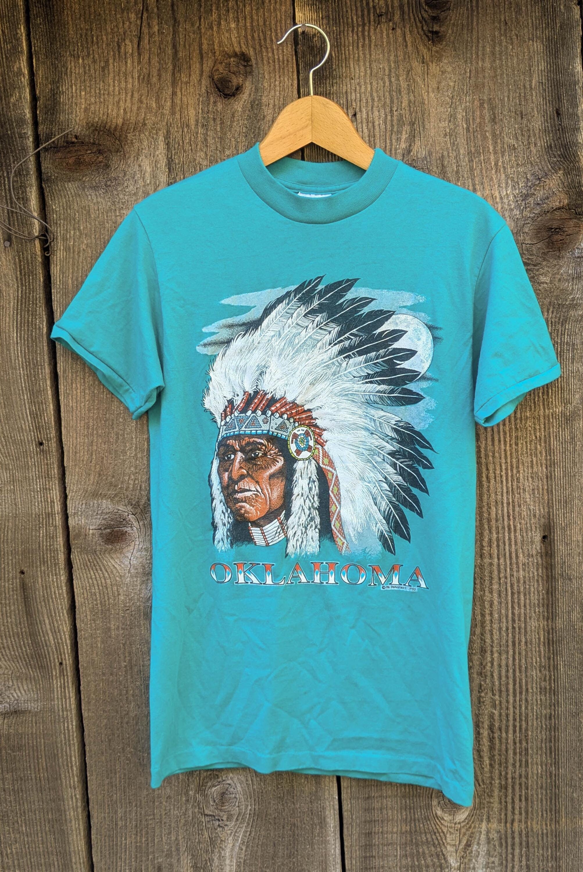 90s Vintage Oklahoma T Shirt / Teal Cotton Poly 50/50 Native