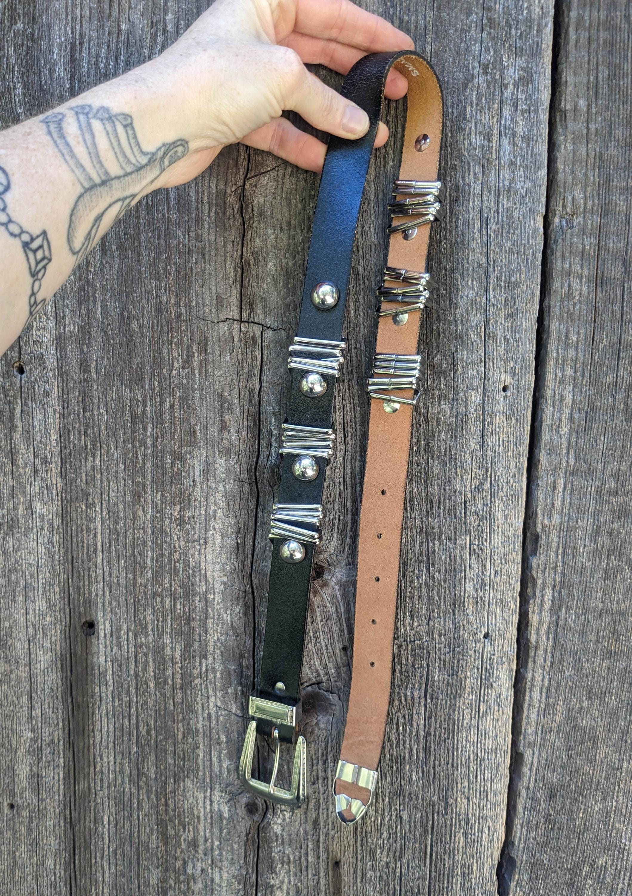 90s Vintage Black Leather Studded Belt / Silver Tone Jangle