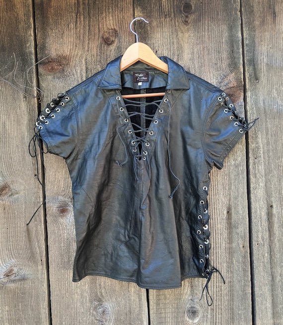 70s Vintage Black Leather Lace up Shirt / Biker Rocker Motorcycle 