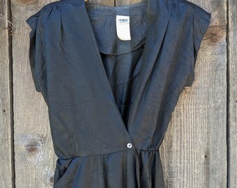 90s vintage black satin jumpsuit plunging neckline shoulder pads one  piece jumper romper summer spring garden tea party retro glam M