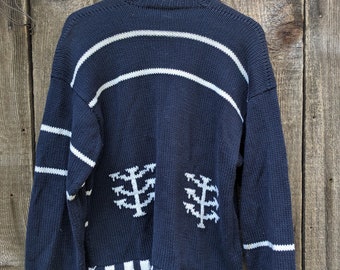 80s Vintage Irish Knit Cardigan / Double M Cotton Knit Navy Blue