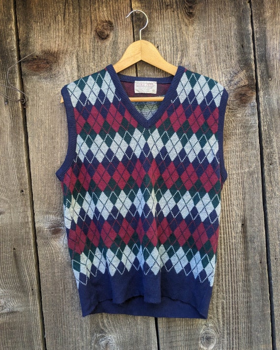 60s Vintage Argyle Sweater Vest Wool Acrylic Knit Navy Blue Red