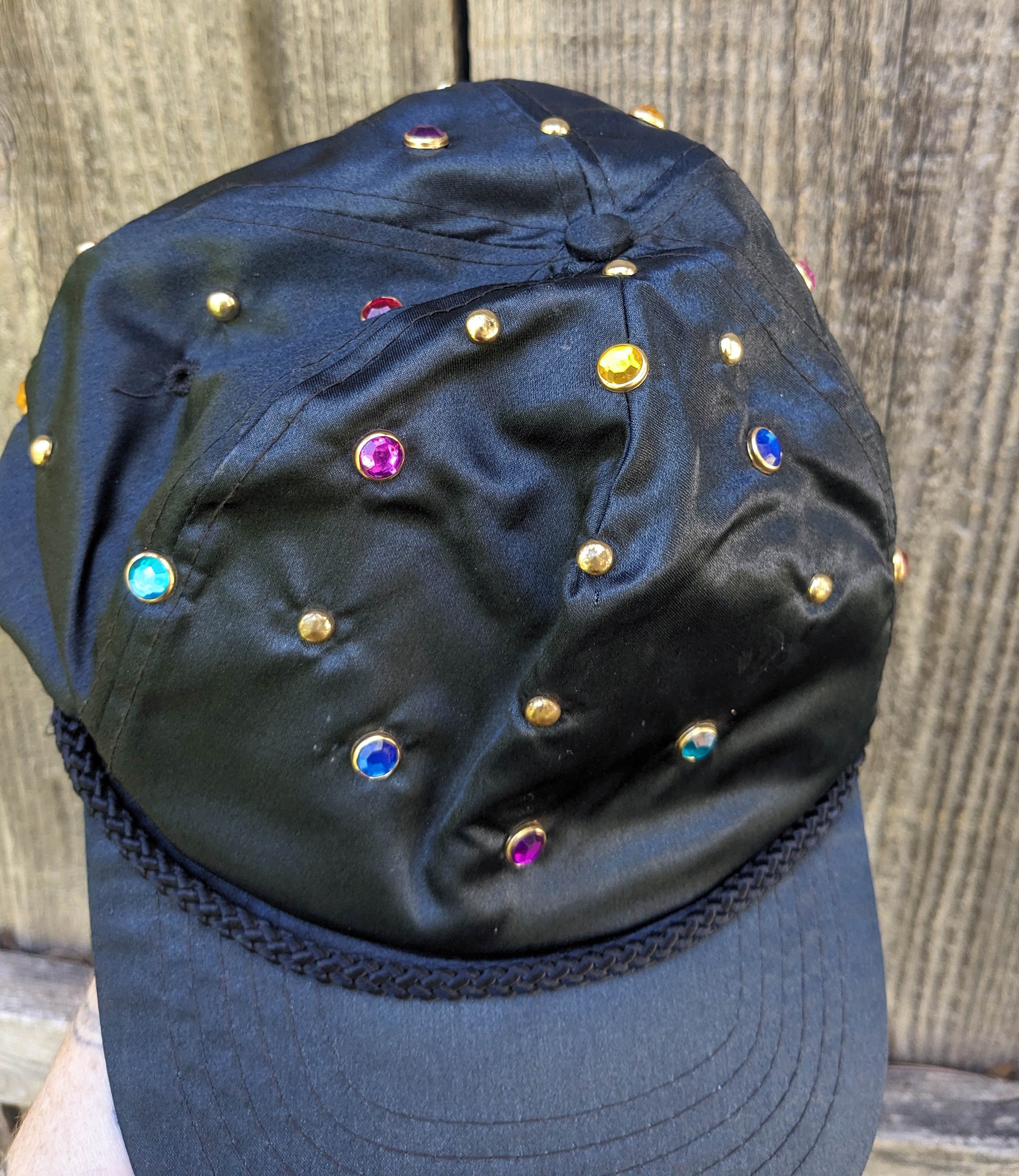 80s Vintage Rhinestone Baseball Cap / Black Nylon Bedazzled