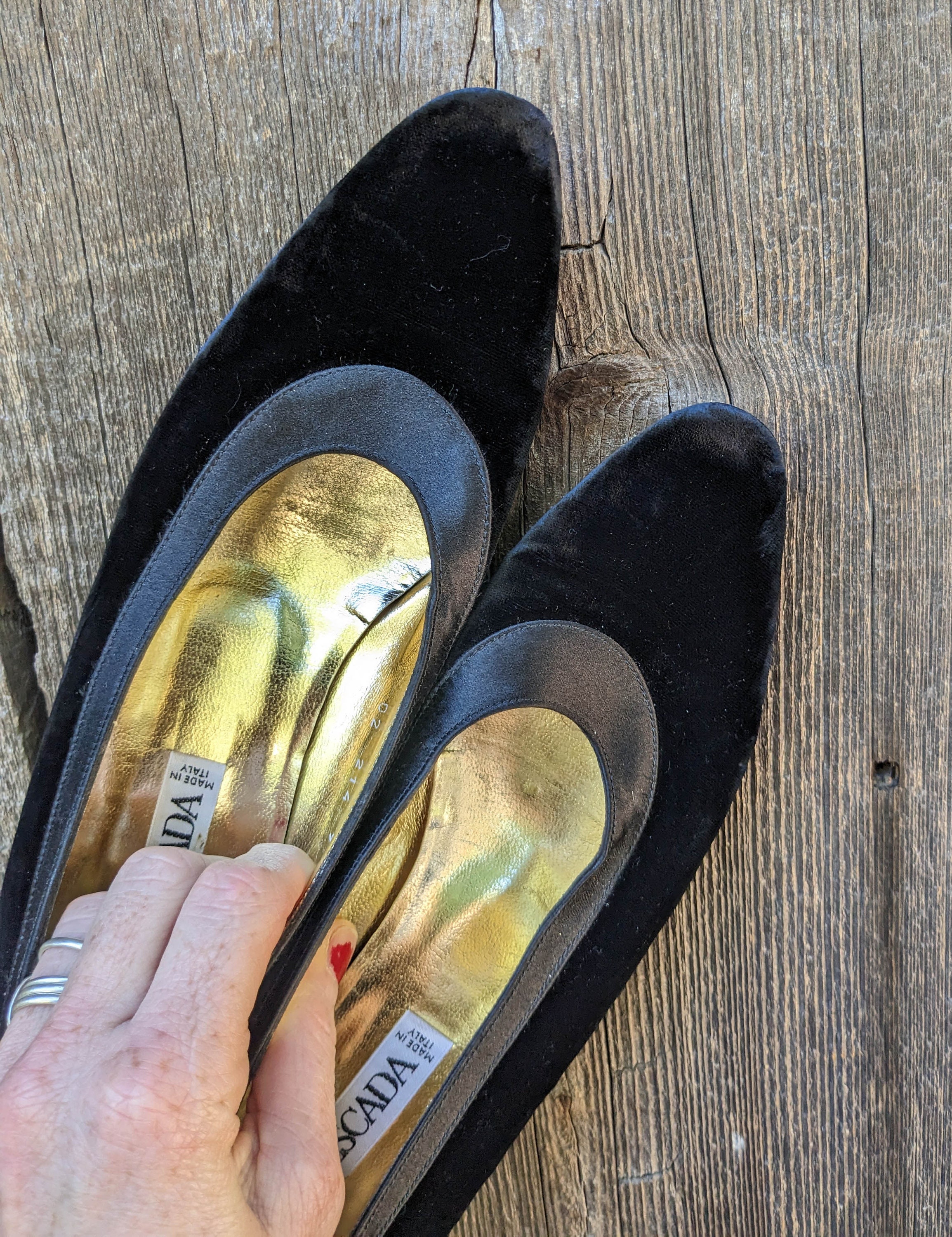 90s Vintage Black Velvet Escada Flats / Metallic Gold Leather Insole ...