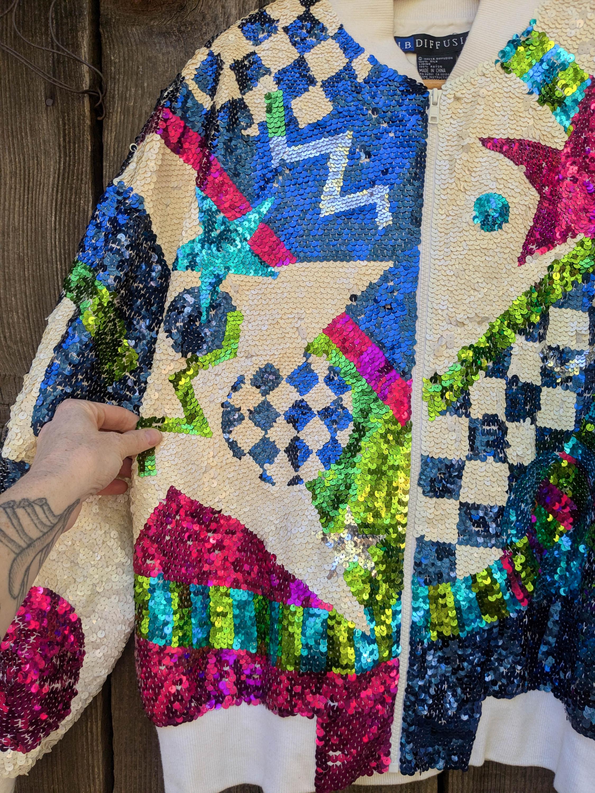【MAISON SPECIAL for 久遠】Sparkly Jacket M 90s Vintage Abstract Sequin Bomber Jacket / White Silk