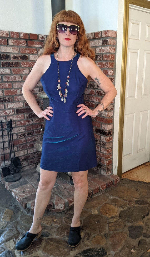 90s vintage metallic dress / blue sparkle glam ra… - image 1