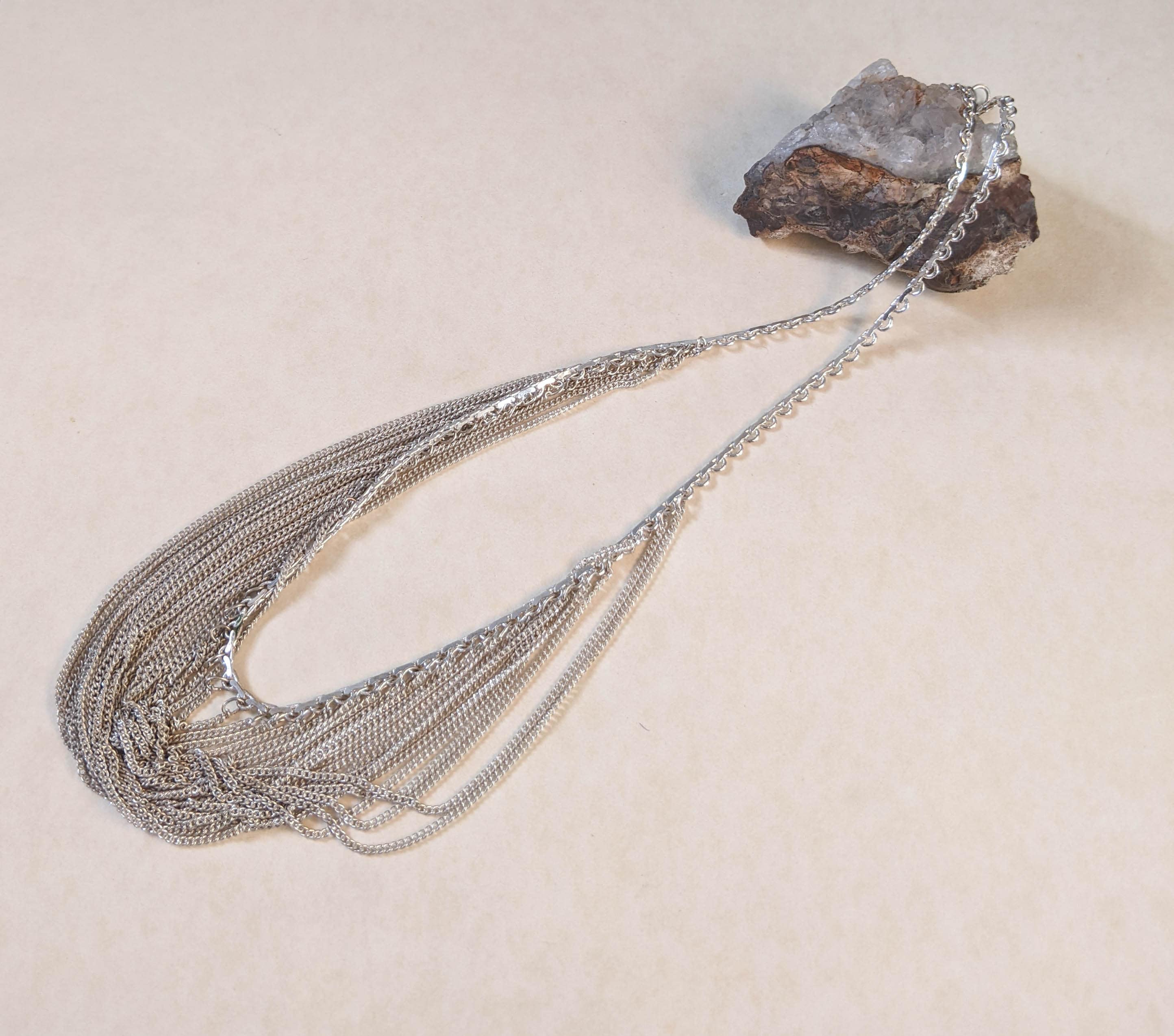 80s Vintage Silver Drape Chain Bib Necklace / Multistrand