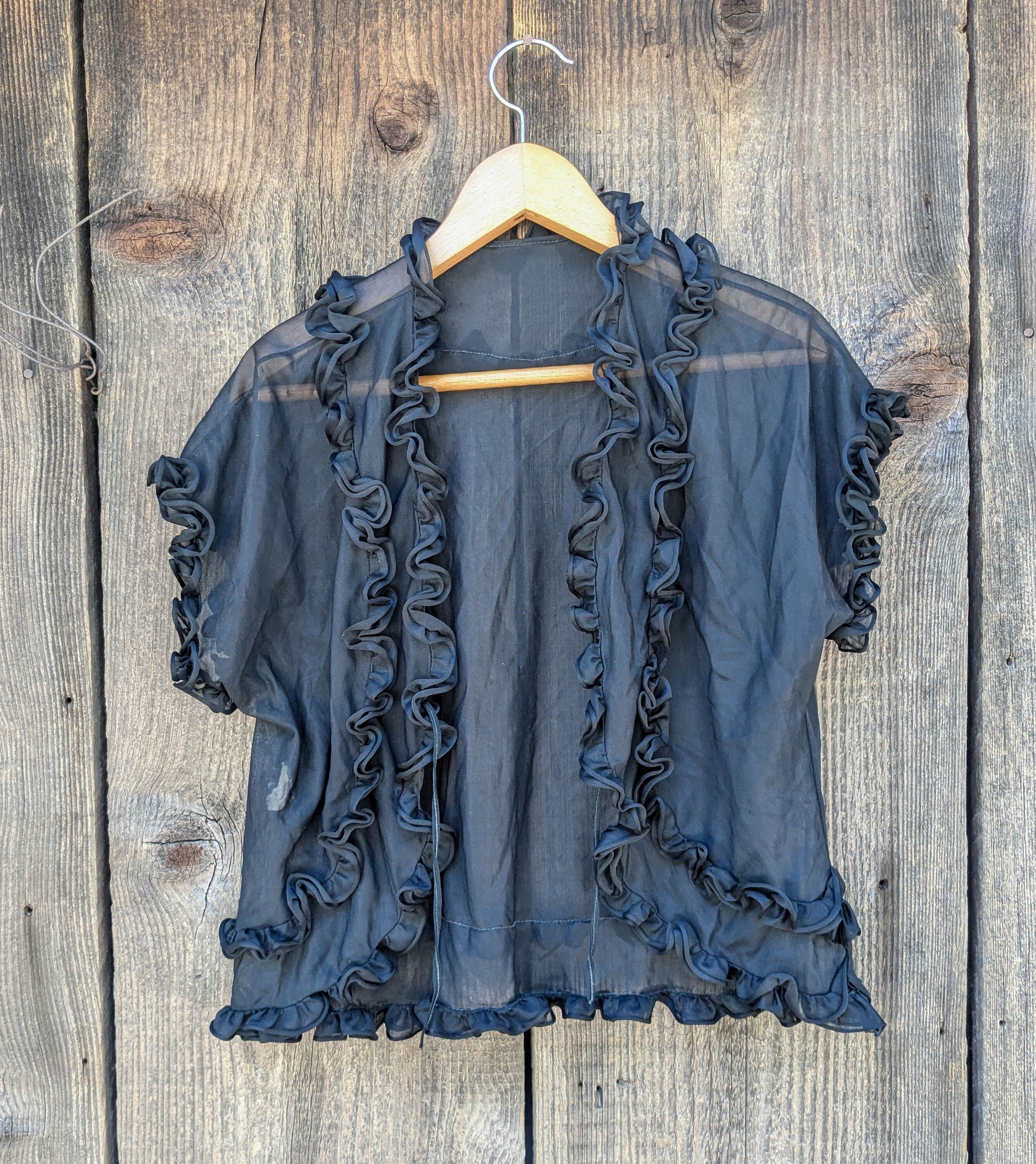 50s Vintage Black Sheer Nylon Ruffle Lingerie Top / Mesh Gauze 