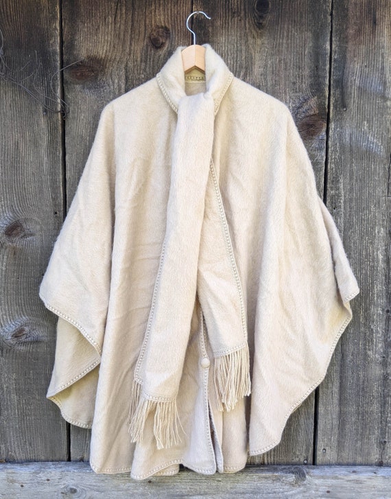 Wool Vintage 80s Poncho, Large Size, Black Cashmere and Wool