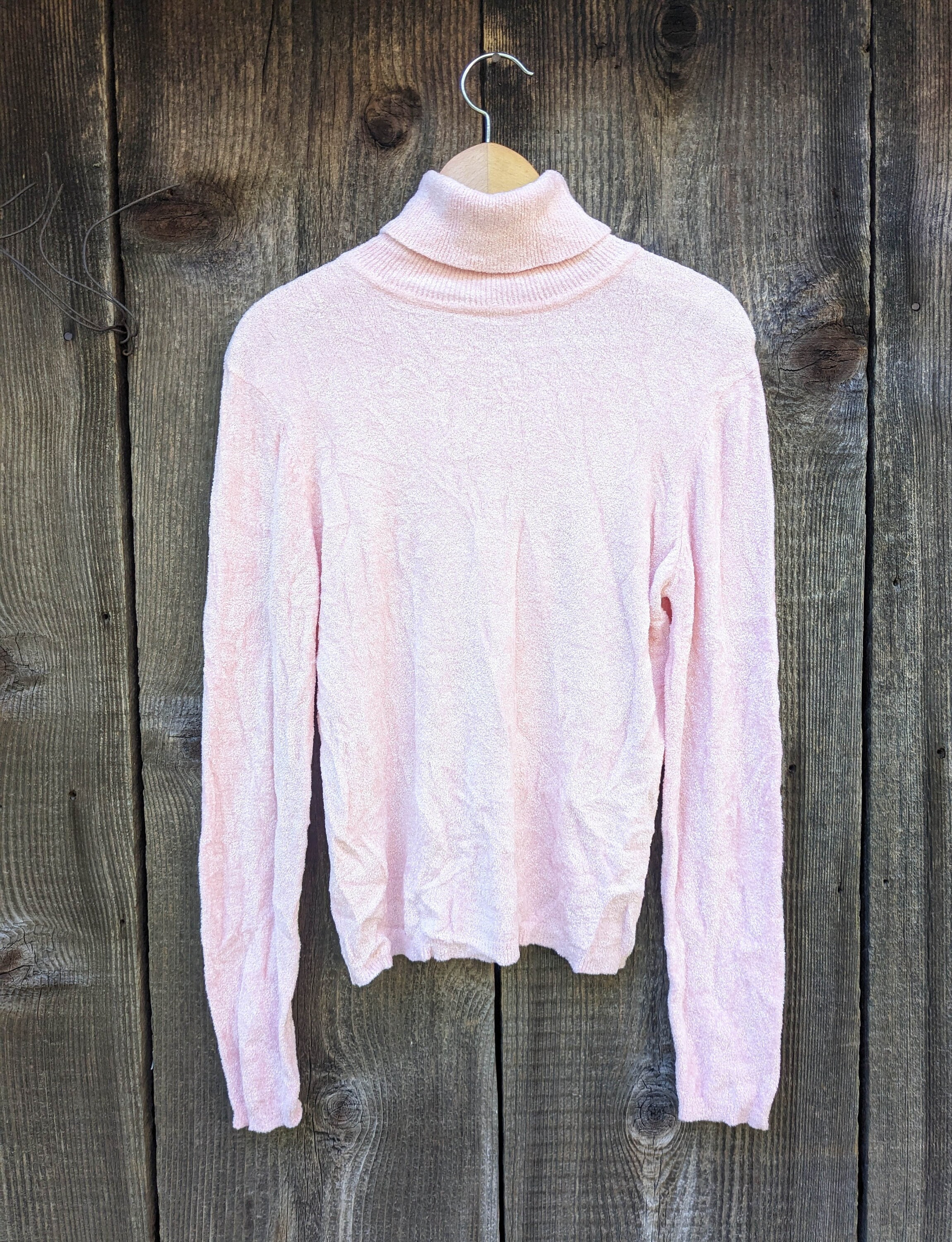 90s vintage tufted chenille turtleneck Y2K baby pink rayon nylon sweater Barbie pink club kid hipster raver preppy glam warm comfy M