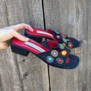 90s vintage Y2K black suede rainbow mirror mules slides 7 7.5 8 / sunburst red leather slip on shoes / boho summer hipster Donald J Pliner