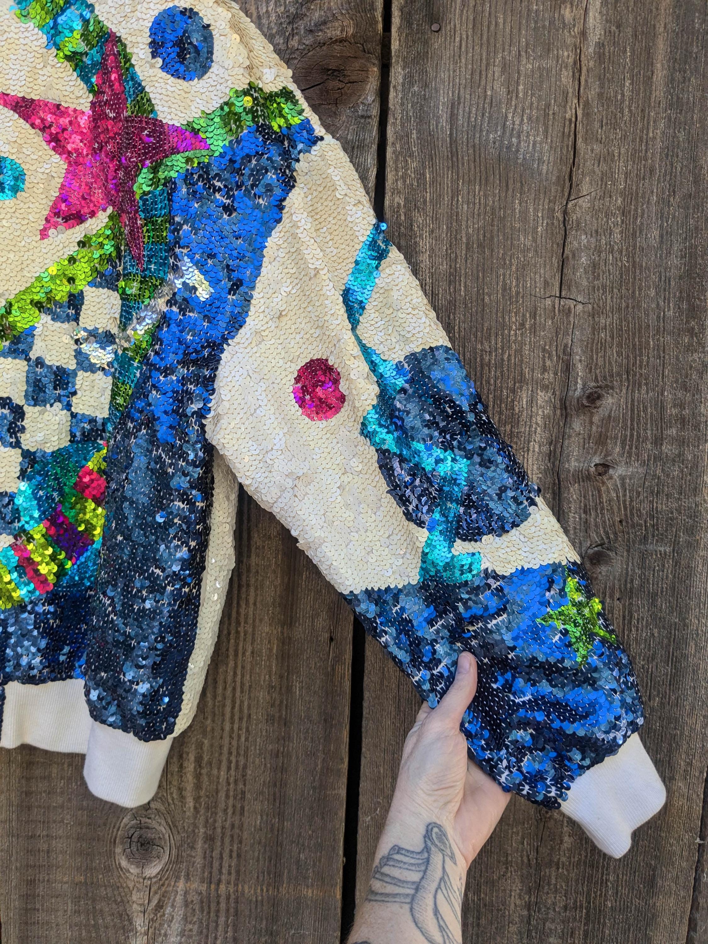 90s Vintage Abstract Sequin Bomber Jacket / White Silk Geometric