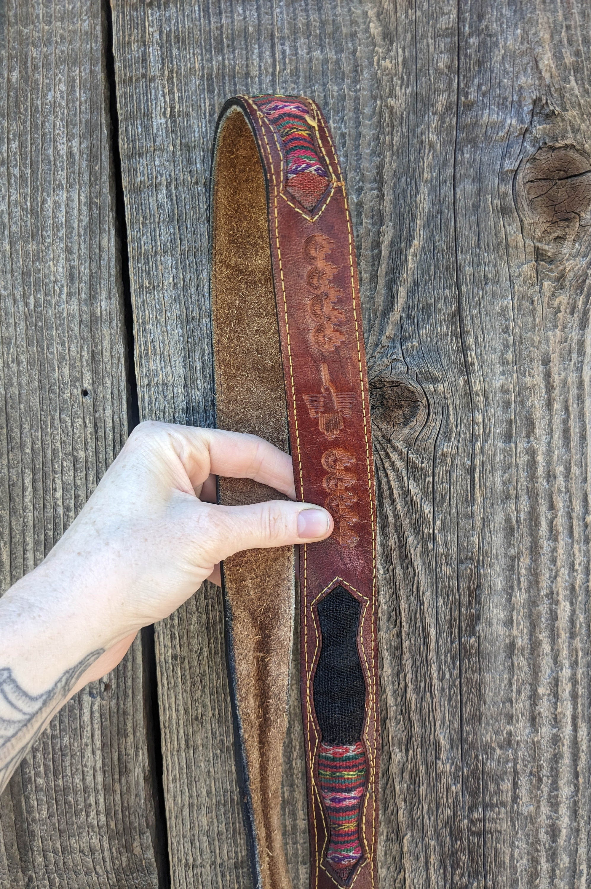 70s Rocker Belt 70s Vintage Brown Tooled Leather Belt / Guatemala Rainbow Woven Textile ...