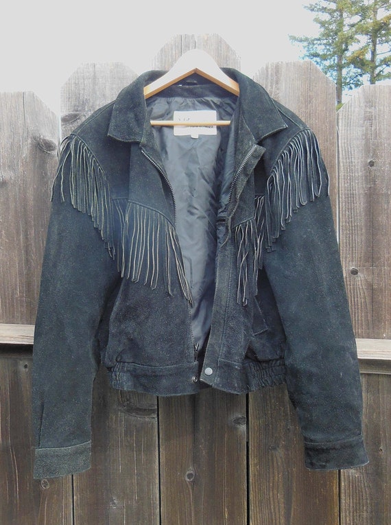 80s Vintage Black Suede Fringe Jacket Coat Wilsons Leather Er Motorcycle Biker Rebel Outlaw Goth Rocker Punk Boho Festival Warm M L