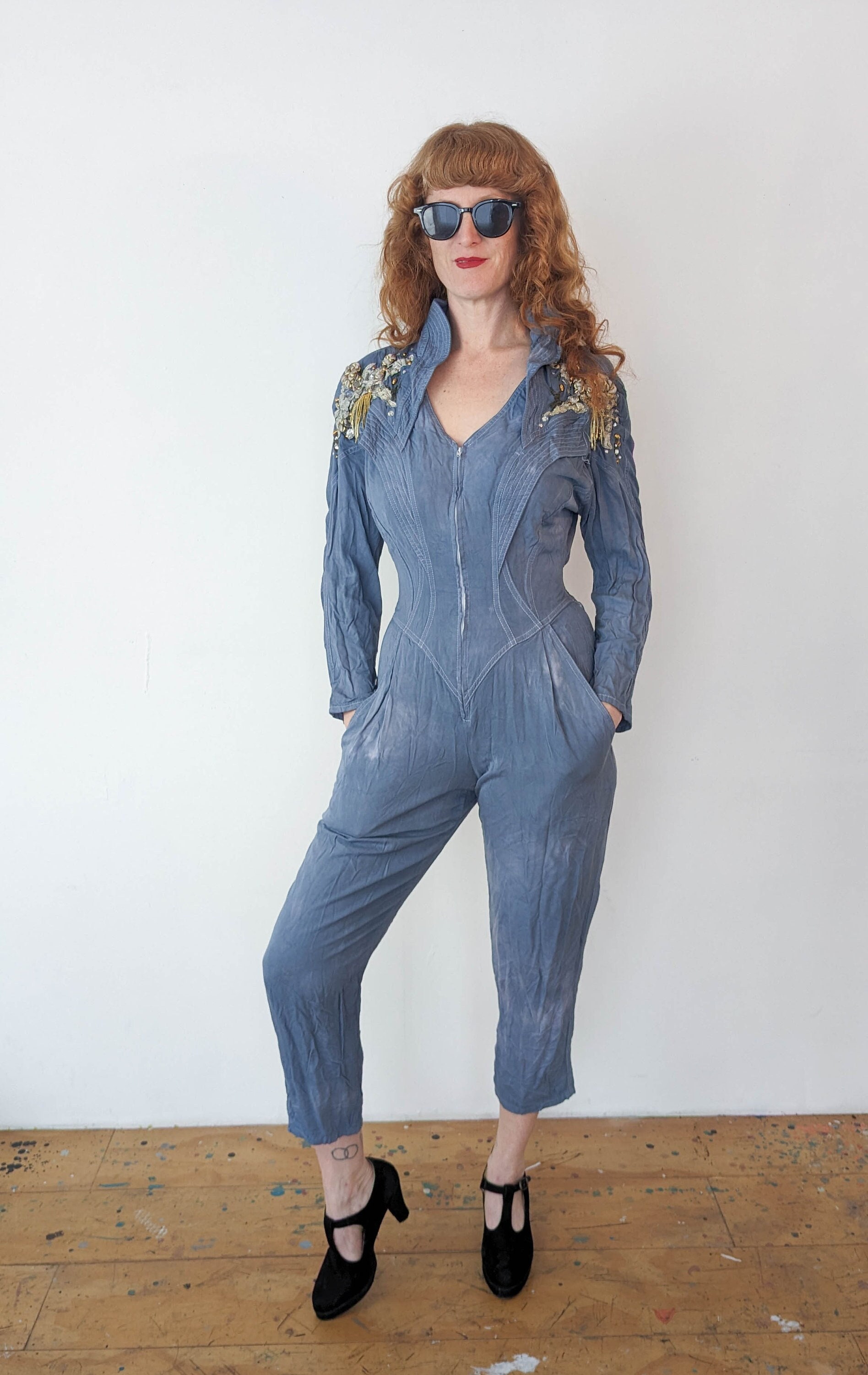 80s Vintage IFF Denim Jumpsuit Bedazzled Embellished 80s Vintage IFF Denim Jumpsuit Bedazzled Embellished