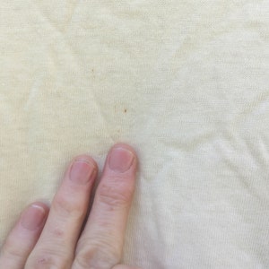 May include: Close-up of a light beige fabric with a few small brown stains.