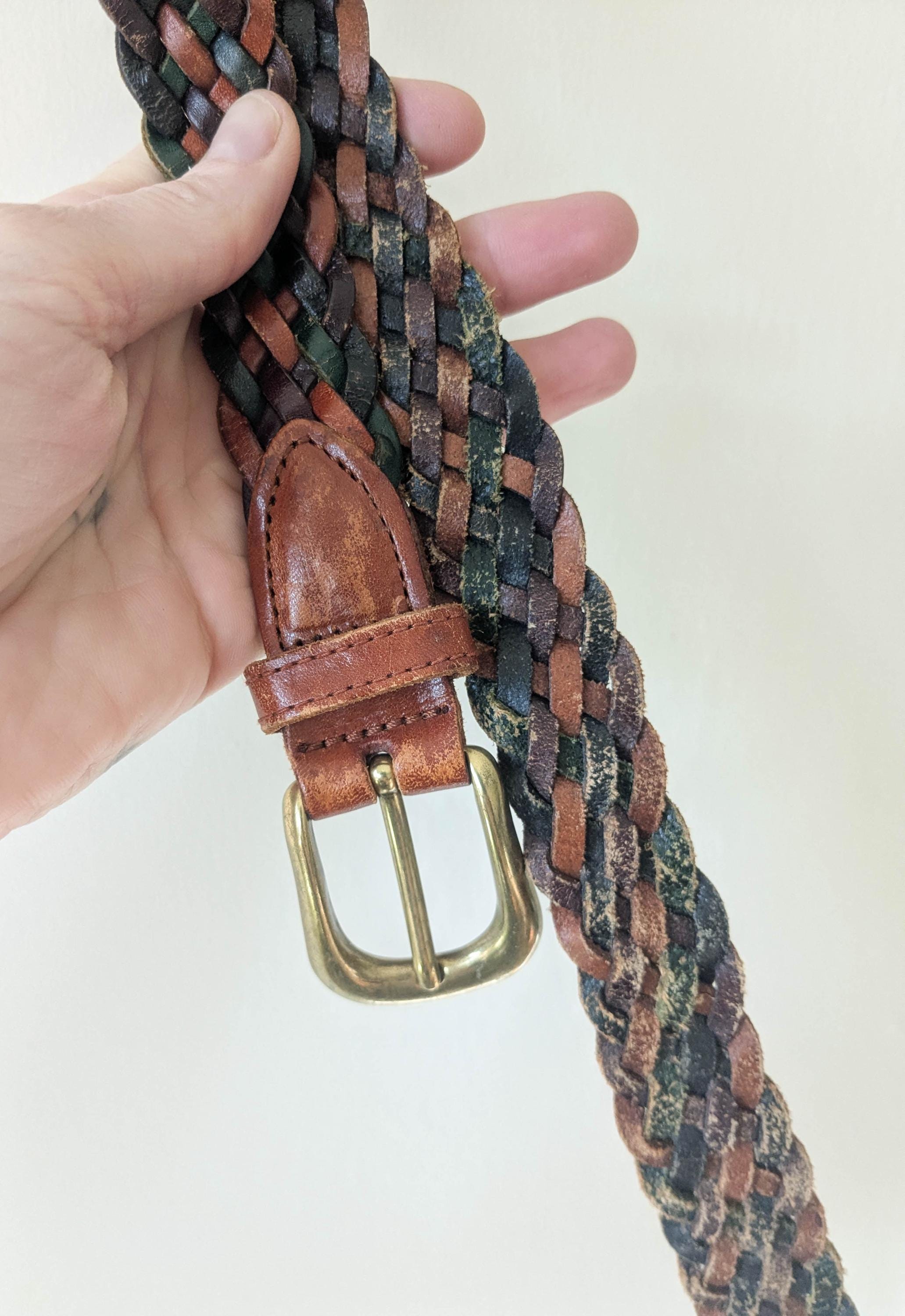 Anthropologie Vintage Braided Fabric Leather Belt Multicolor and Brown 32 / M 90s Vintage Woven Leather Belt: Multicolor Earth Tones  main image 2