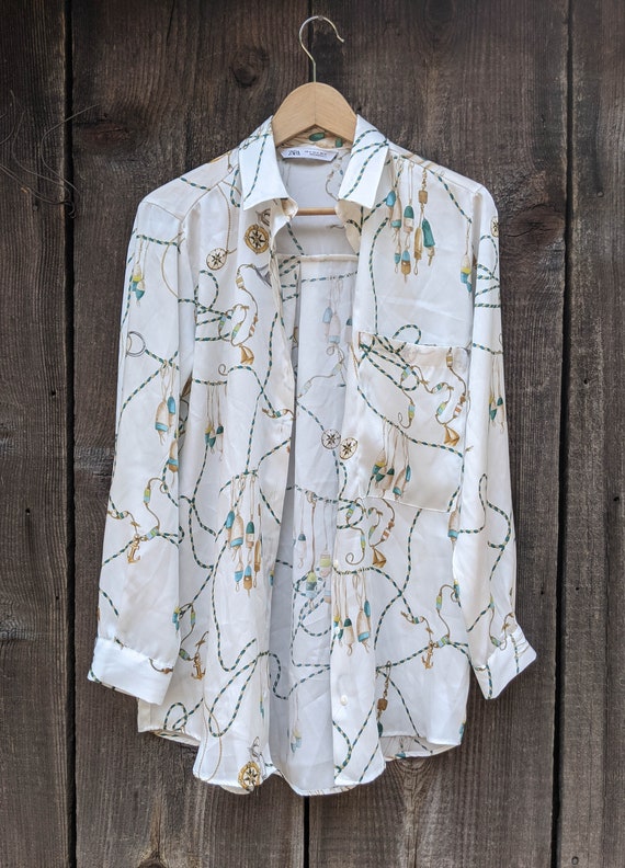 90s Vintage Silk Nautical Blouse / White Gold Button up