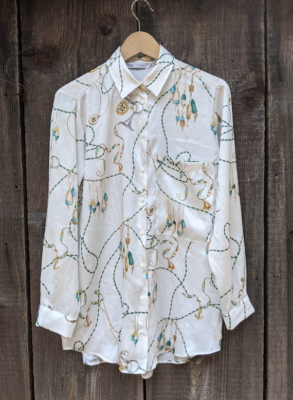 90s vintage silk nautical blouse / white gold butt