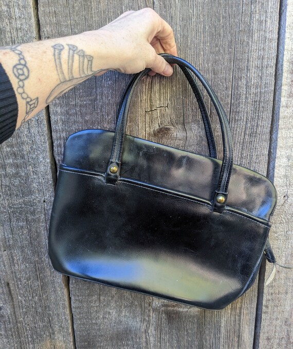 50s vintage black leather handbag purse / minimali