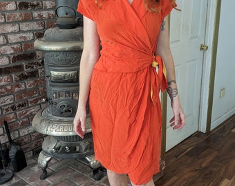 80s vintage orange silk wrap dress / yellow waist tie V neck short sleeves / preppy elegant retro formal event hipster chic / tulip skirt M