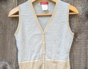 90s Vintage Y2K Striped Sweater Vest / Esprit Snap Front Beige 