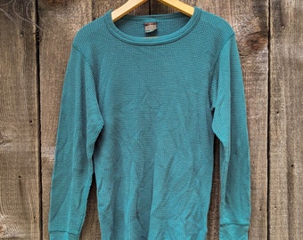 90s vintage waffle knit top / forest green thermal shirt gorpcore camping hiking rustic cottagecore rocker cottage chic / cotton poly USA M