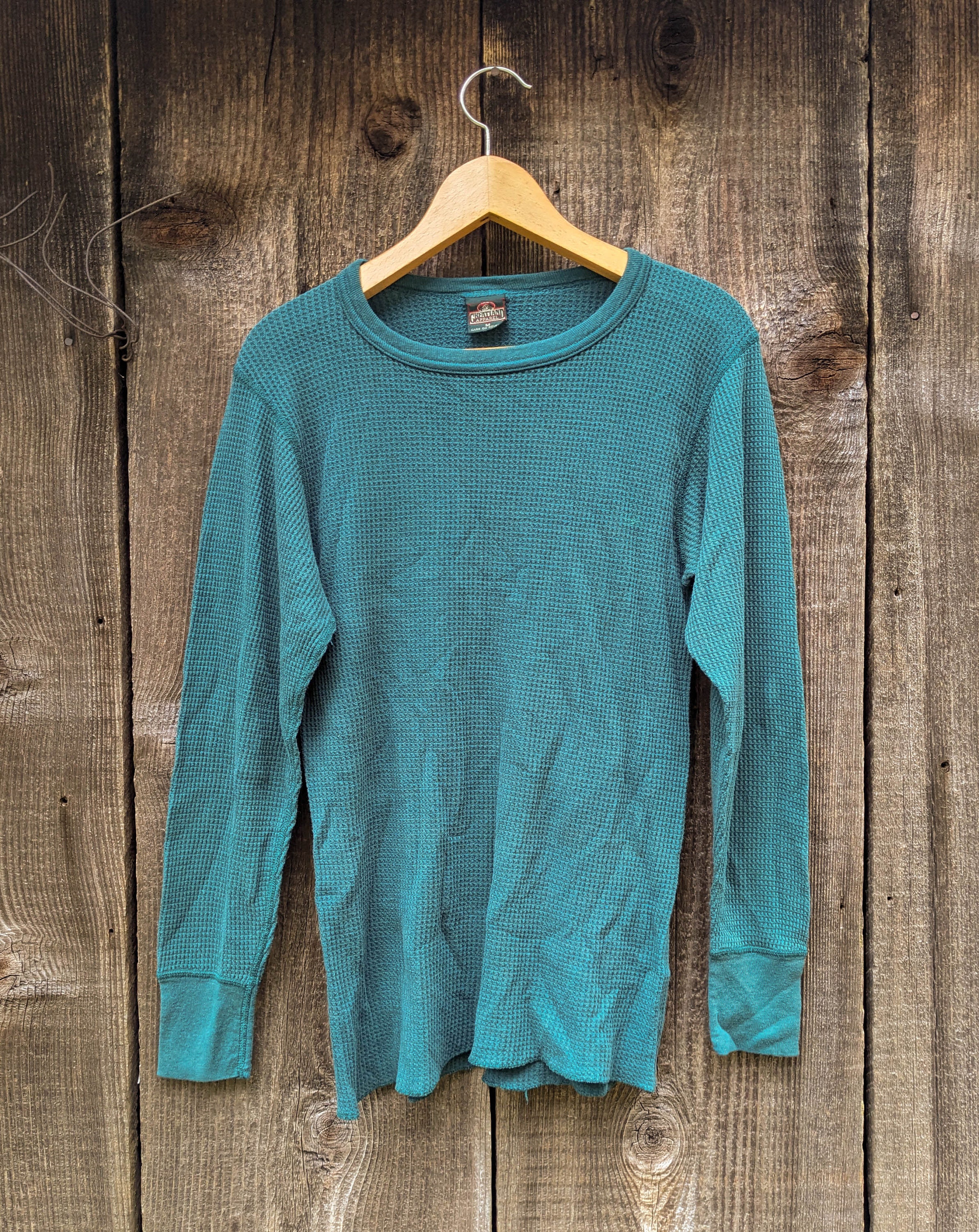 Vintage Forest Green Waffle Knit Thermal Shirt - 90s Cotton Poly USA M