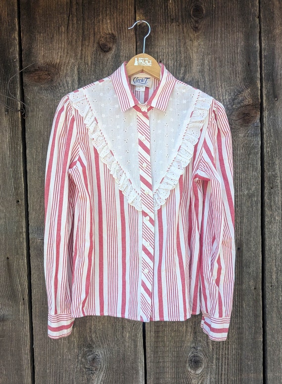 70s vintage candy stripe western blouse / red whit