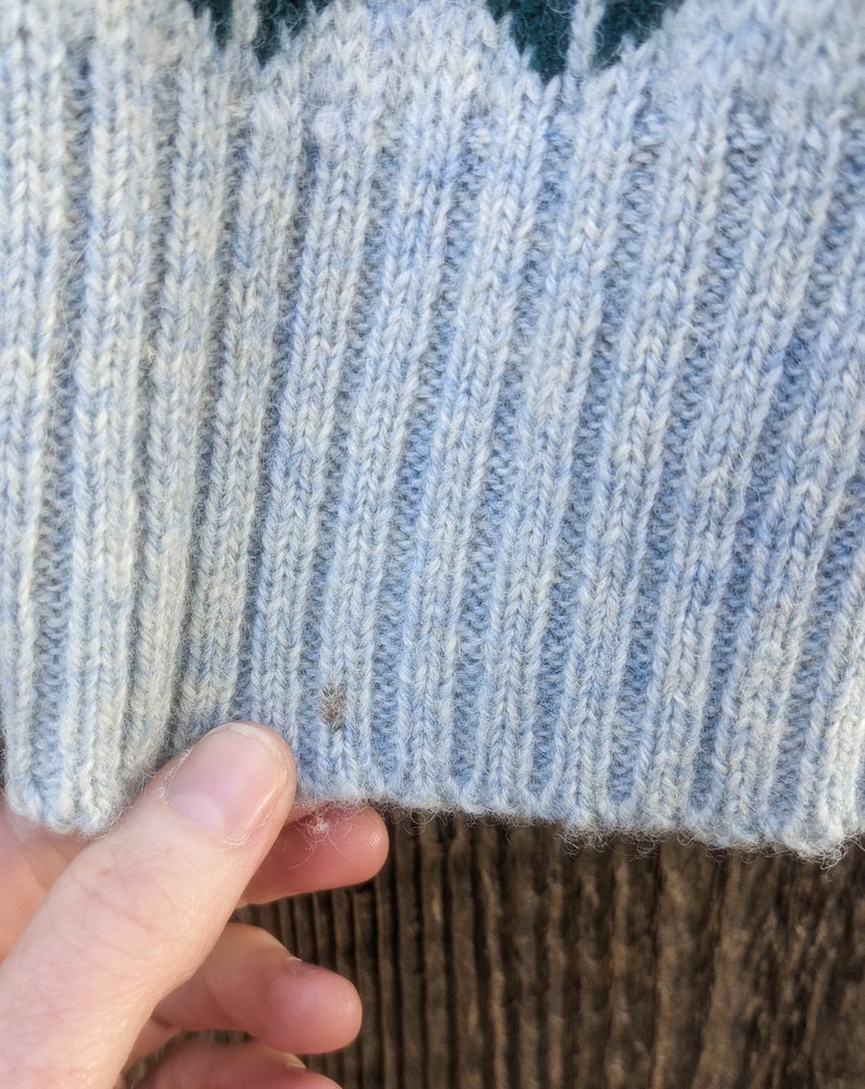 May include: Close-up of a light blue knit sweater with a ribbed texture. The sweater has a subtle pattern in a darker shade of blue and green at the top. The bottom edge of the sweater is visible, showing the knit construction.