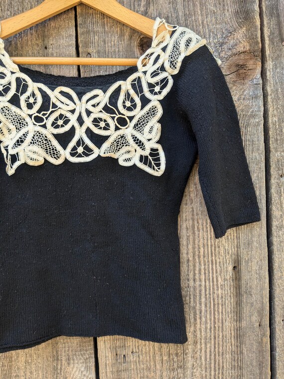 60s Vintage Black Sweater Top Lace Collar / Cropped Half Sleeve