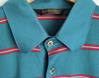Randig pikétröja 80-tals vintage / blågrön henley-t-shirt med enkelsöm / preppy casual