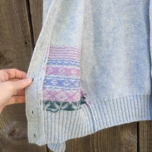 May include: Light blue cardigan with a ribbed hem and button closure. The inside panel features a colorful geometric pattern in shades of purple, blue, and green. The cardigan is made of a soft, textured knit fabric.