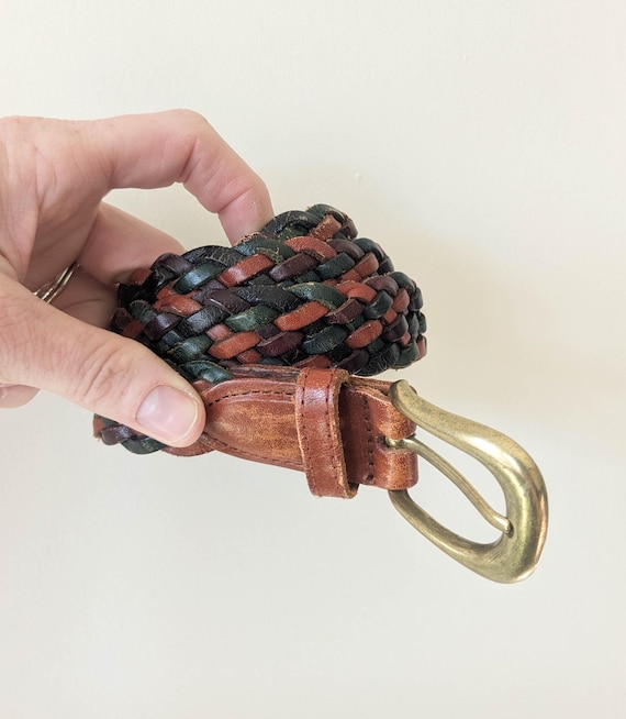 90s Vintage Woven Leather Belt: Multicolor Earth Tones, Adjustable