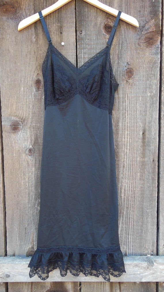 60s vintage black lace slip ruffle hem / mesh sexy