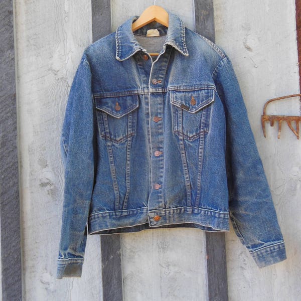 70s vintage denim jacket / blue jean cropped coat brass buttons / boho hipster hippie festival / Sears Roebuck / sturdy distressed / unisex