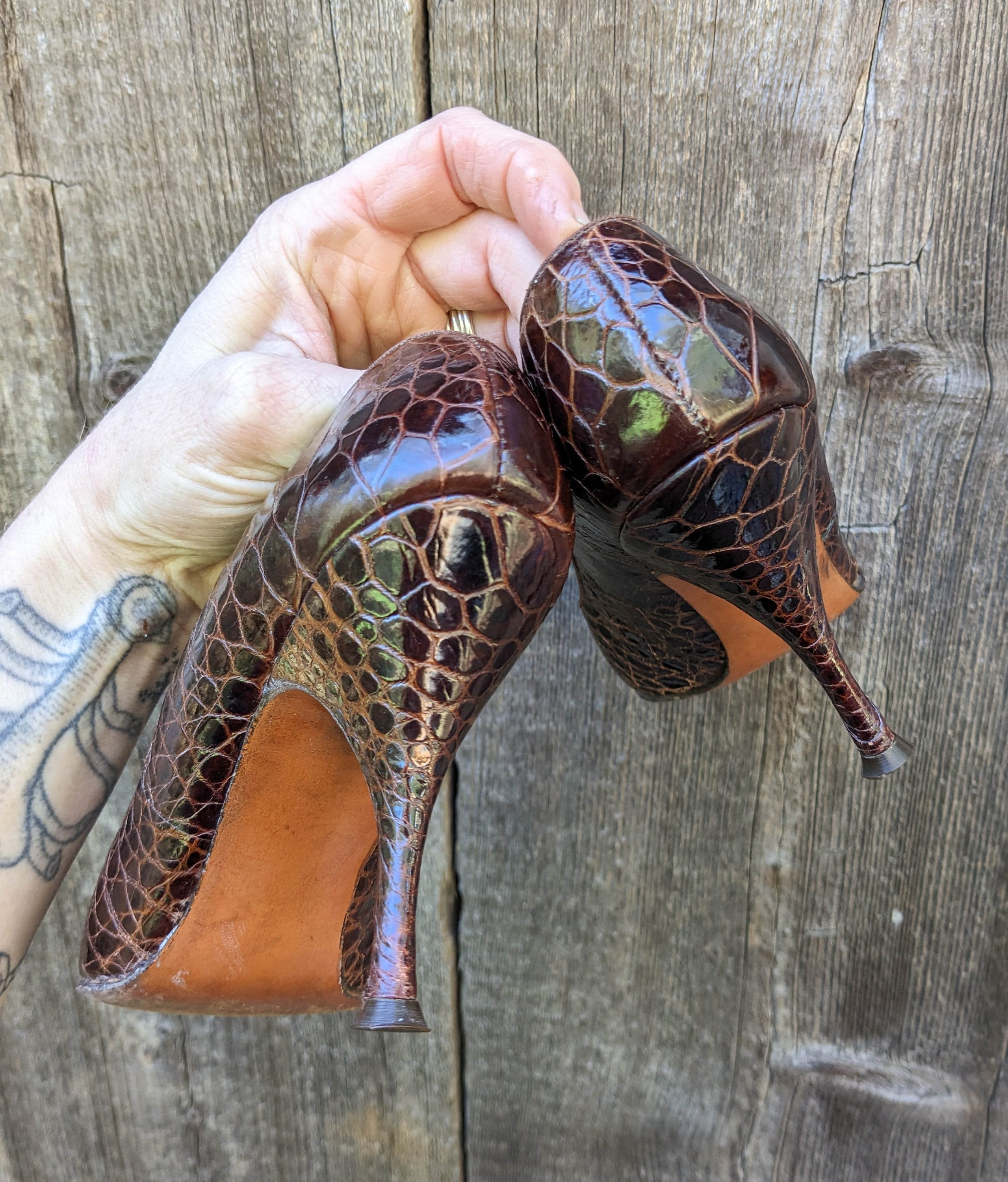 50s Vintage Alligator Leather Heels 6 / Brown Crocodile