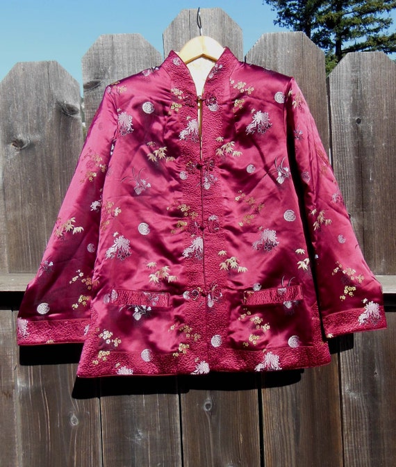 80s Vintage Maroon Chinese Jacket Coat / Yellow Reversible Cheongsam Mandarin Asian Brocade Tapestry Satin Bamboo / Boho Festival Eclectic