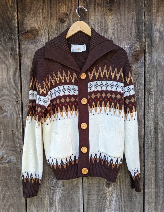 70s vintage cowichan sweater / brown white acrylic
