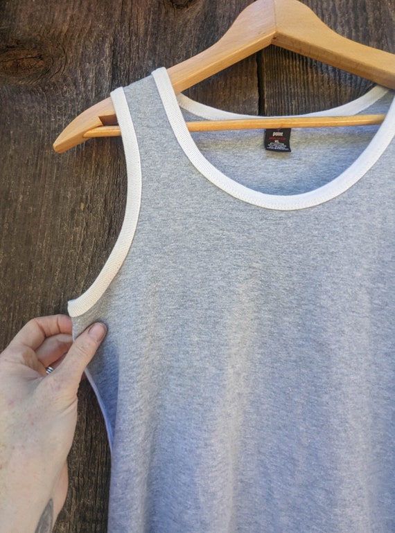 80s Vintage Athletic Tank Top / Gray White Striped Sports Sporty