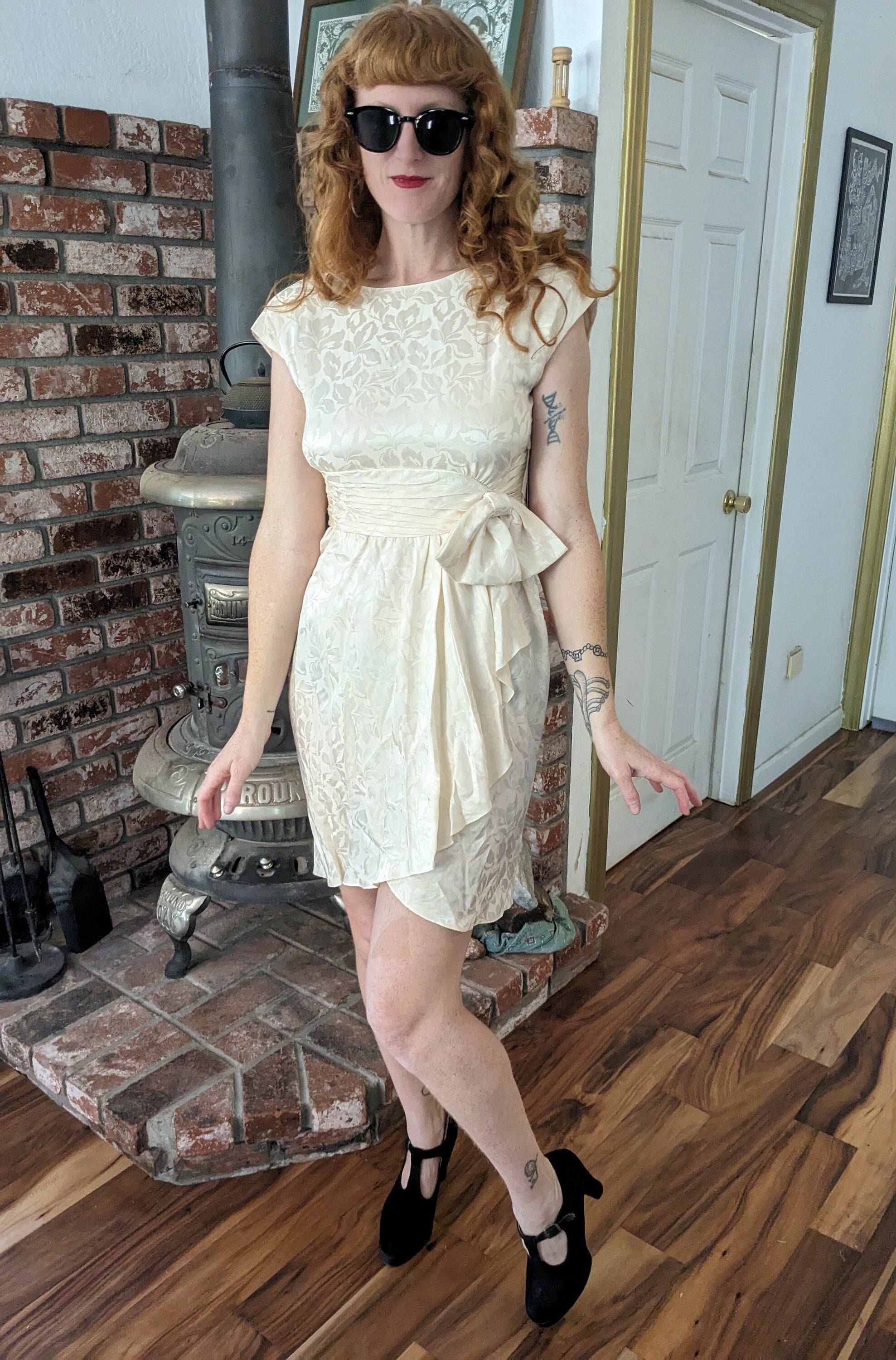 80s vintage cream silk party dress / floral embossed open back minidress cap sleeve bow / hipster glam pin up formal event / deadstock S 6
