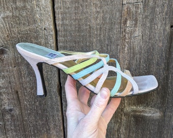 90s vintage Y2K rainbow leather strappy heels / snakeskin snake pastel iridescent square toe New Years Eve Party Girl / Timothy Hitsman