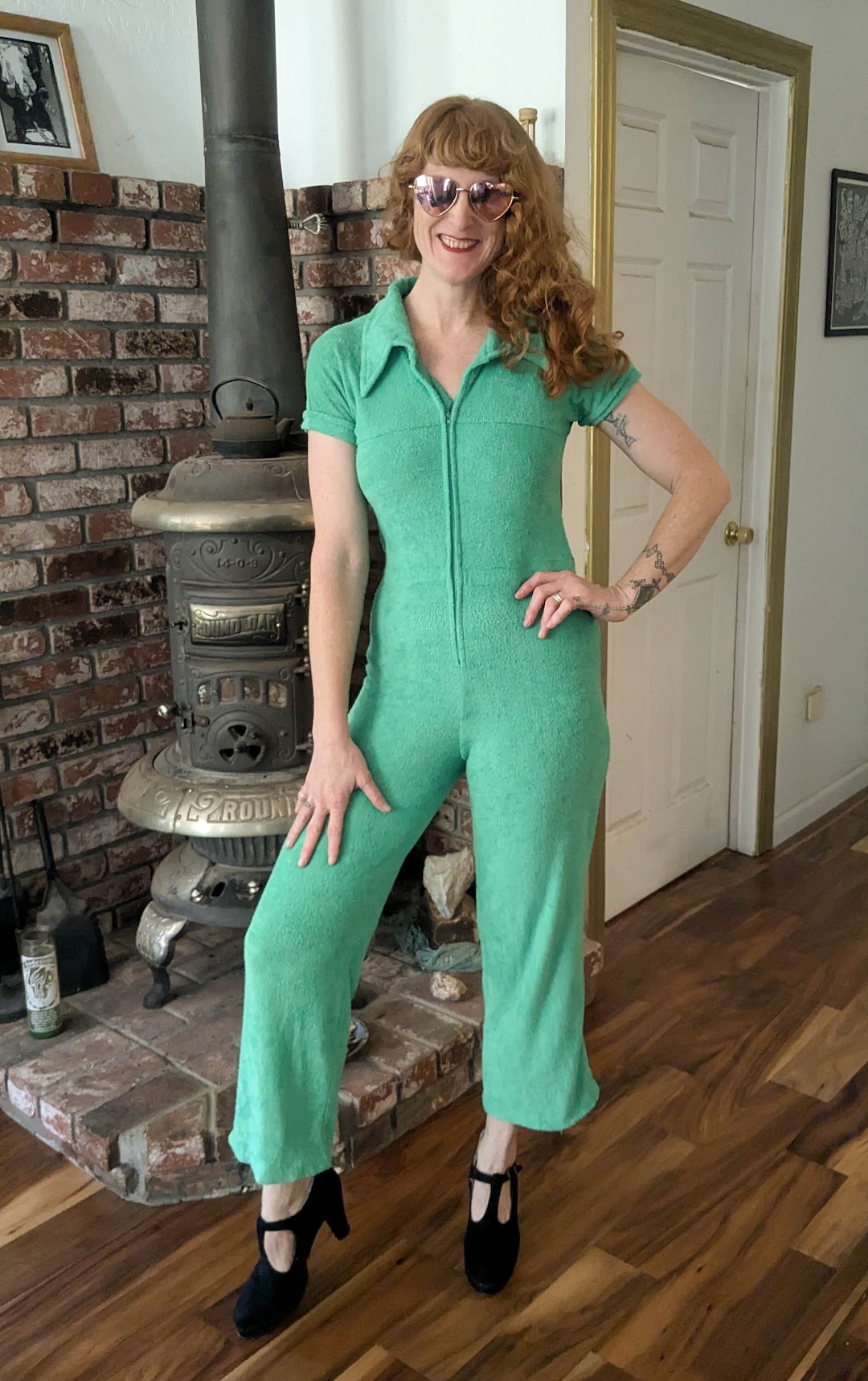 70s Vintage Frog Green Terrycloth Jumpsuit One Piece Onesie